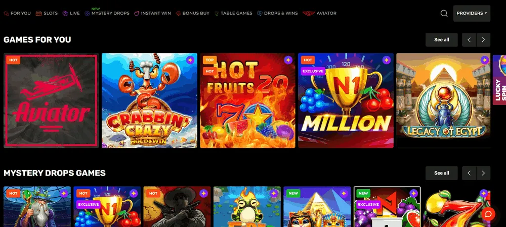 N1 Casino interface